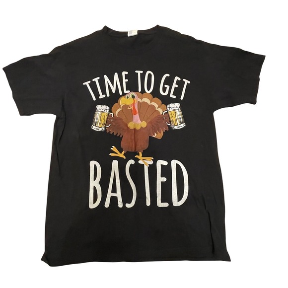 Port Company Thanksgiving T-Shirt Time To Get Basted‎ Turkey Beer L *Rip Sleeve - Picture 1 of 9